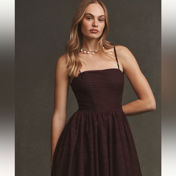 Anthropology BHLDN Square-Neck Al-Line Tulle brown Mini Dress size L 10 - Picture 2 of 4